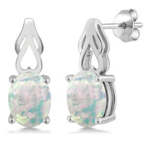 925 Sterling Silver with 1.20 Cttw White Opal Oval Post Back Drop Earrings